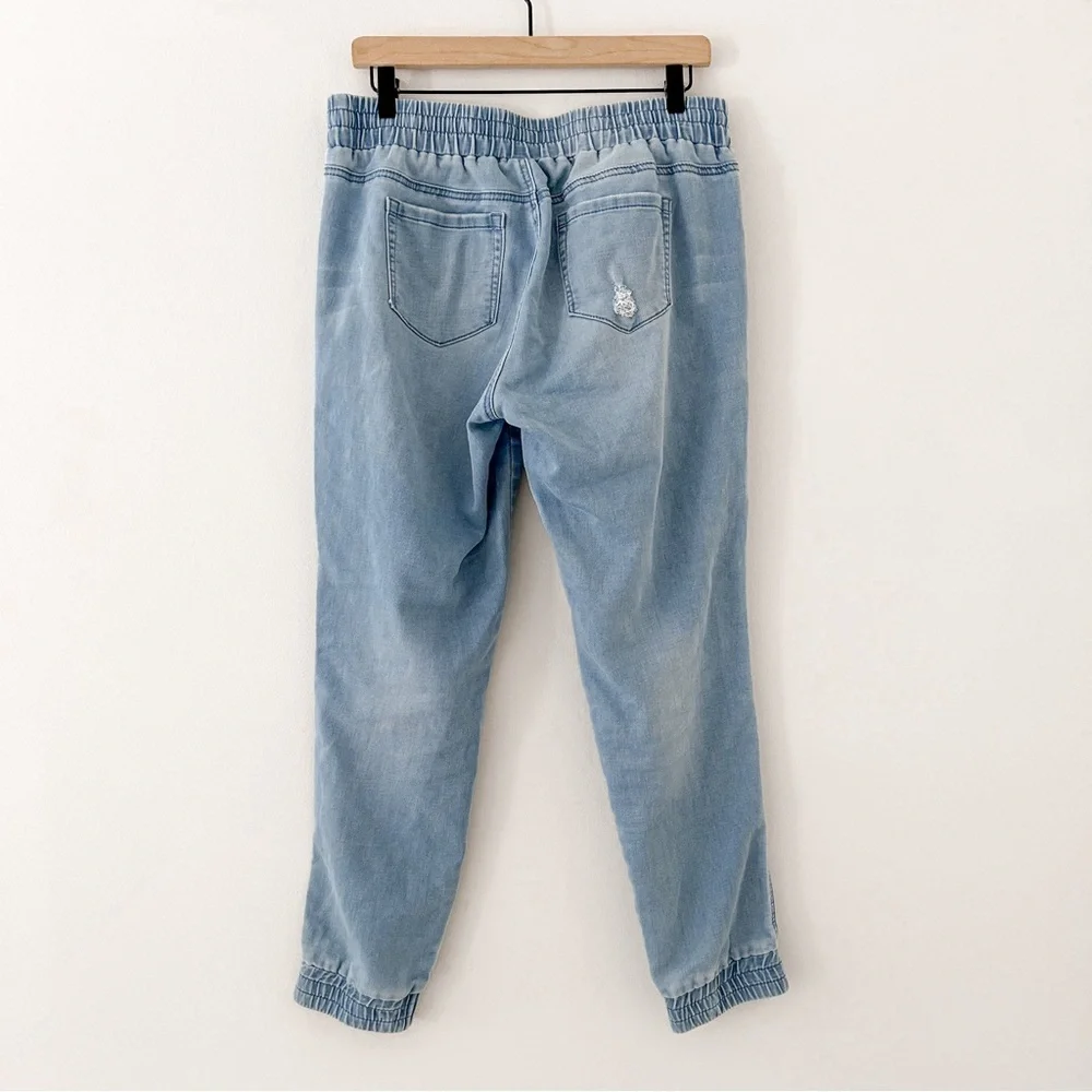 New York and Company Distressed Drawstring Denim Jogger Pants - Picture 3 of 7